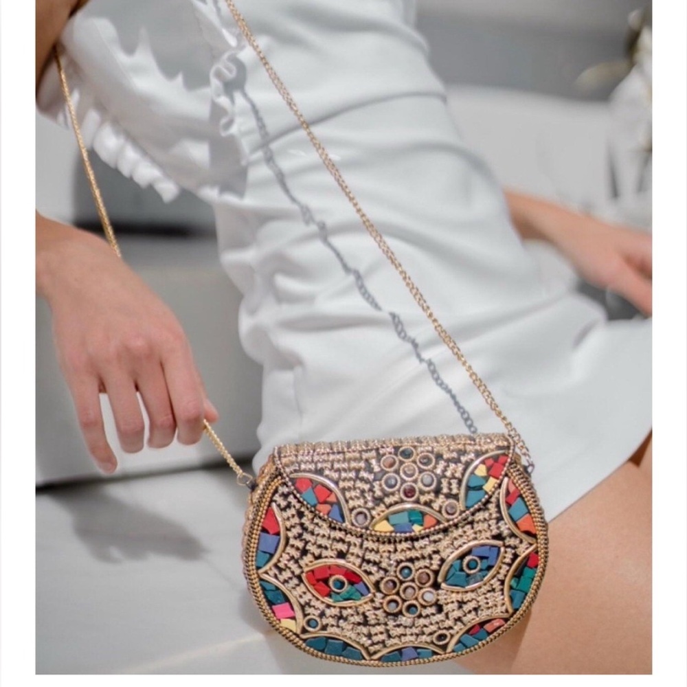Ramla Rio Clutch Gold Multi Moroccan Mosaic Handmade Crossbody Bag Boho NEW